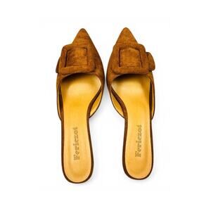 Fericzot Brown Faux Suede Pointed Toe Mule Heels Buckle Kitten Heel 7 NIB